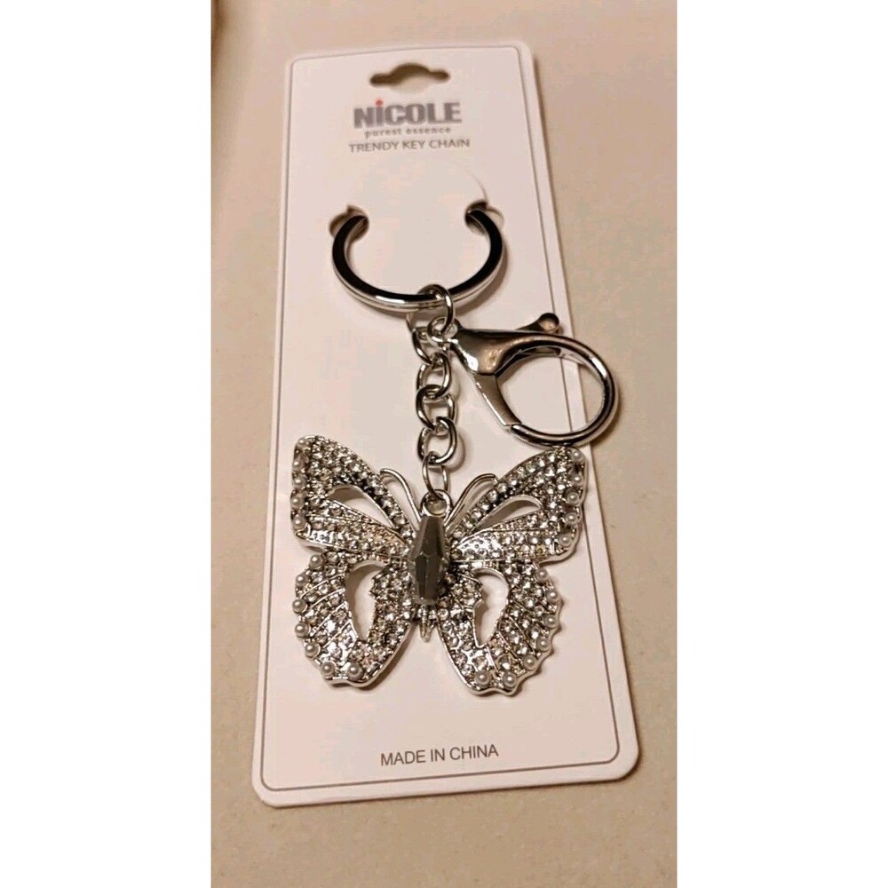 Silver Tone Butterfly Bag Charm Key Ring Clear Rhinestone